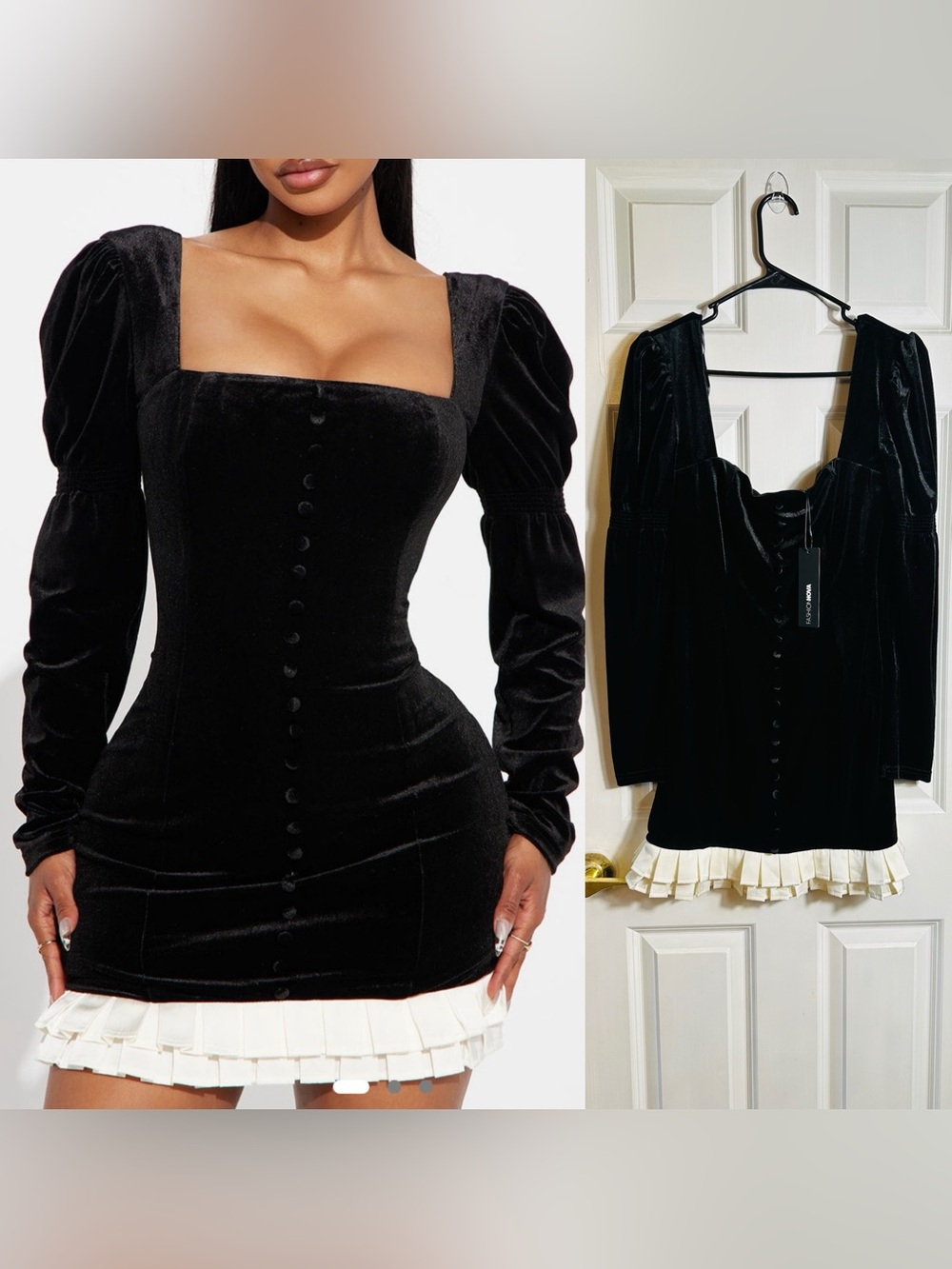 Fashion Nova Black Velvet Square-Neck Mini Dress with Ivory Ruffle Hem